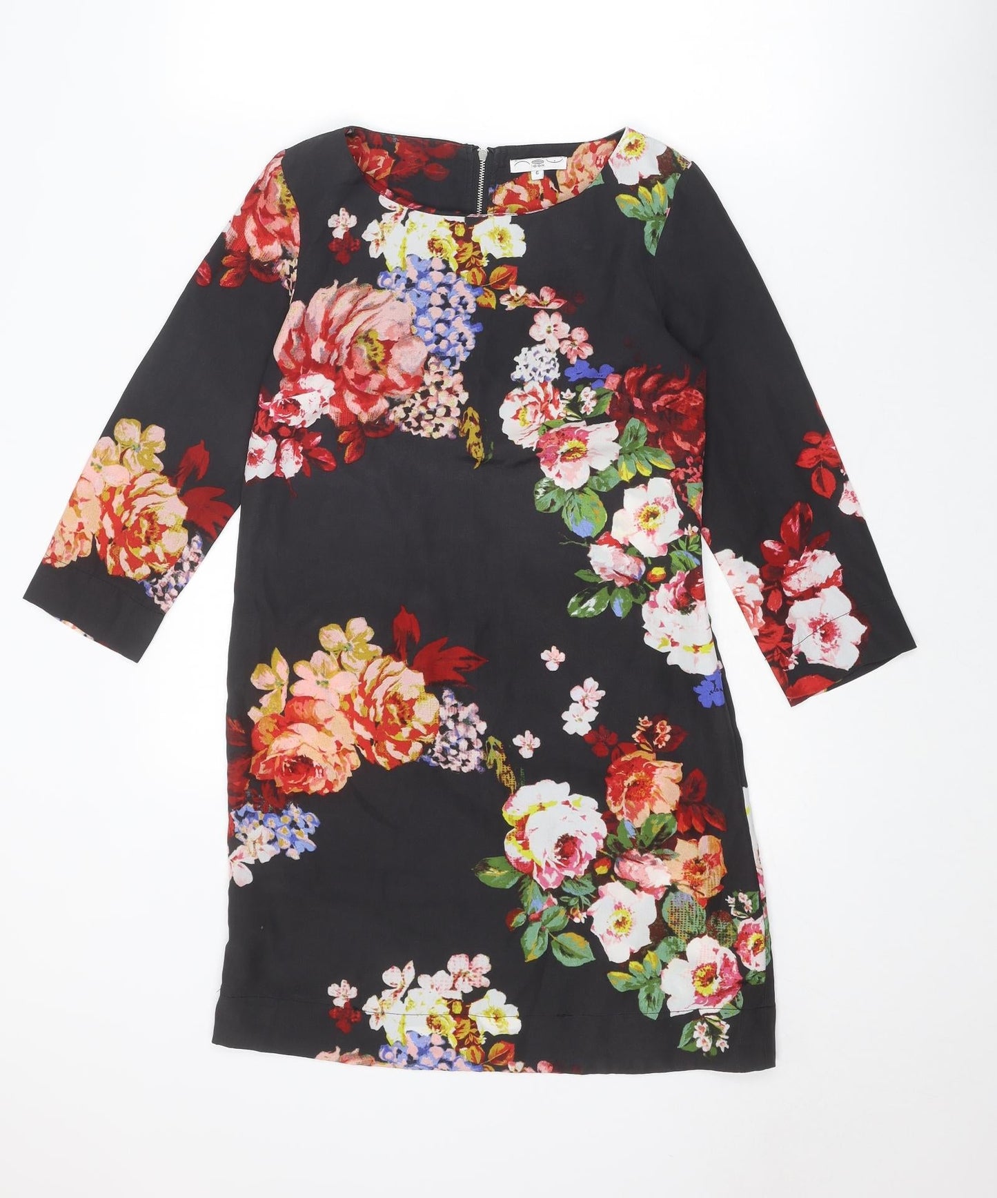 New Look Womens Black Floral Polyester A-Line Size 6 Round Neck Zip