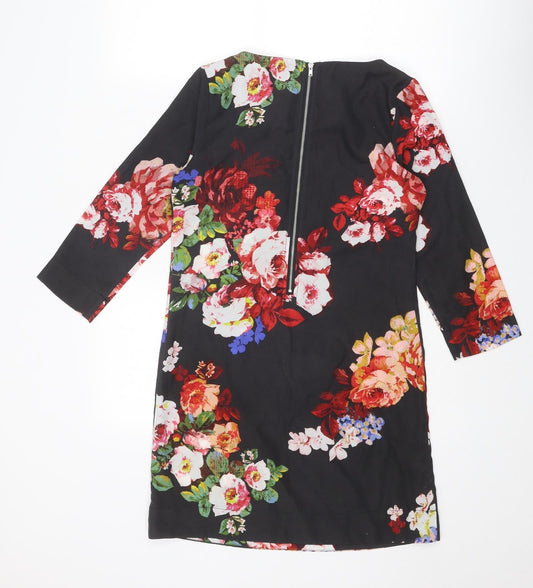 New Look Womens Black Floral Polyester A-Line Size 6 Round Neck Zip