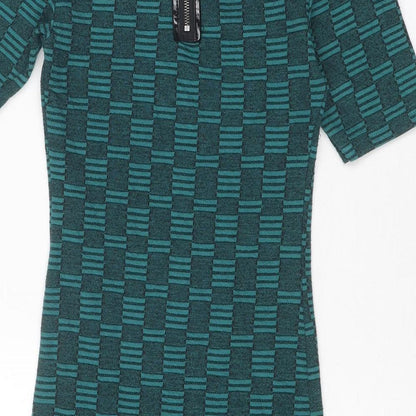 Topshop Womens Green Check Polyester A-Line Size 8 Round Neck Zip