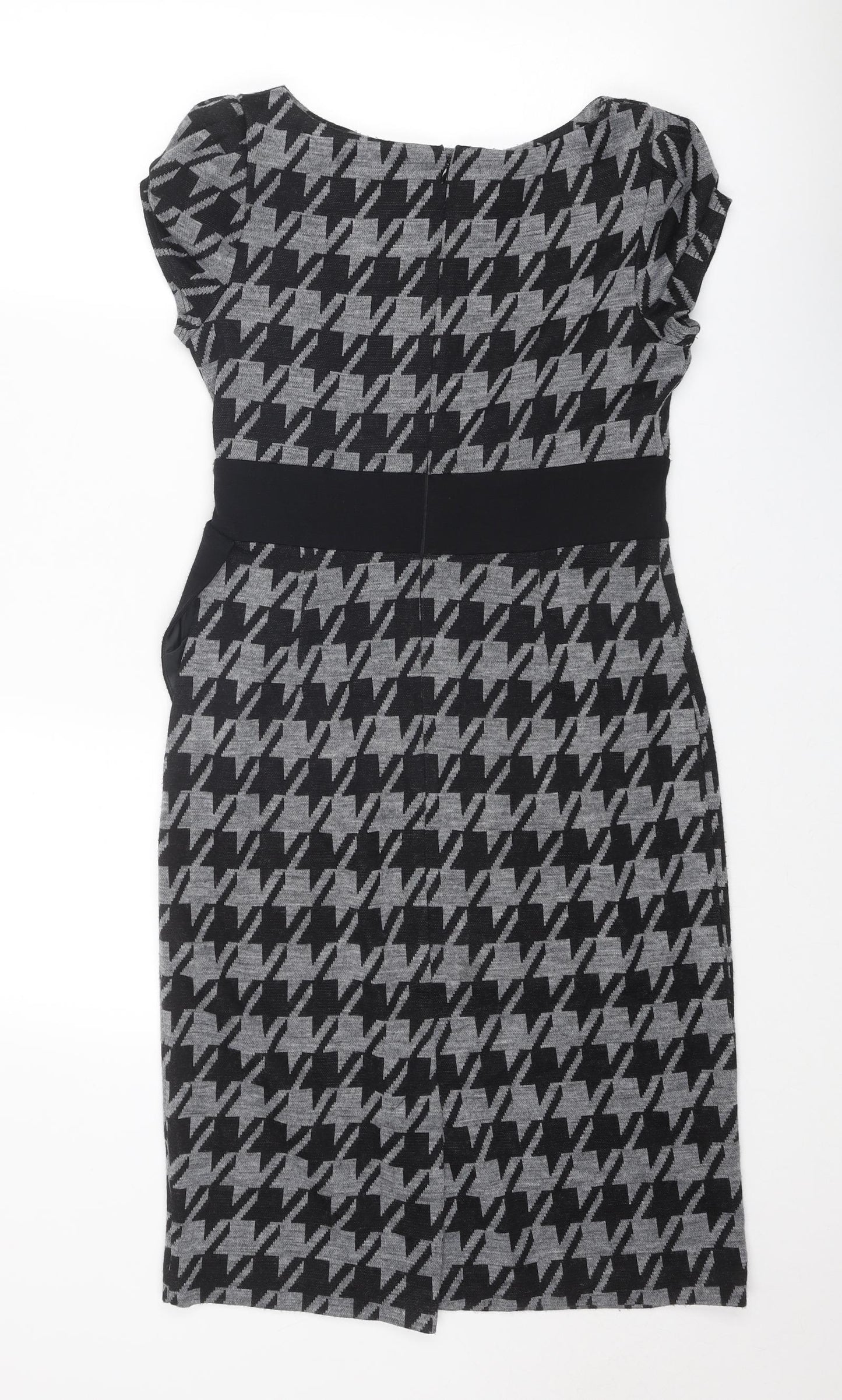 Per Una Womens Grey Houndstooth Acrylic Shift Size 12 Round Neck Zip