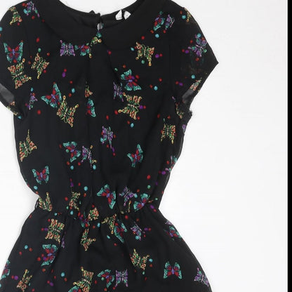 New Look Womens Black Geometric Polyester A-Line Size 8 Collared Button - Butterfly Pattern