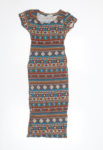 Cameo Rose Womens Multicoloured Geometric Viscose Bodycon Size S Boat Neck Pullover