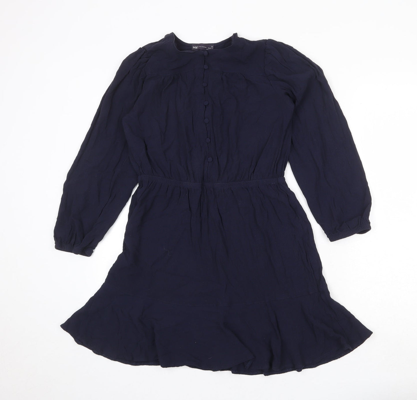 Marks and Spencer Womens Blue Viscose Fit & Flare Size 12 Round Neck Button