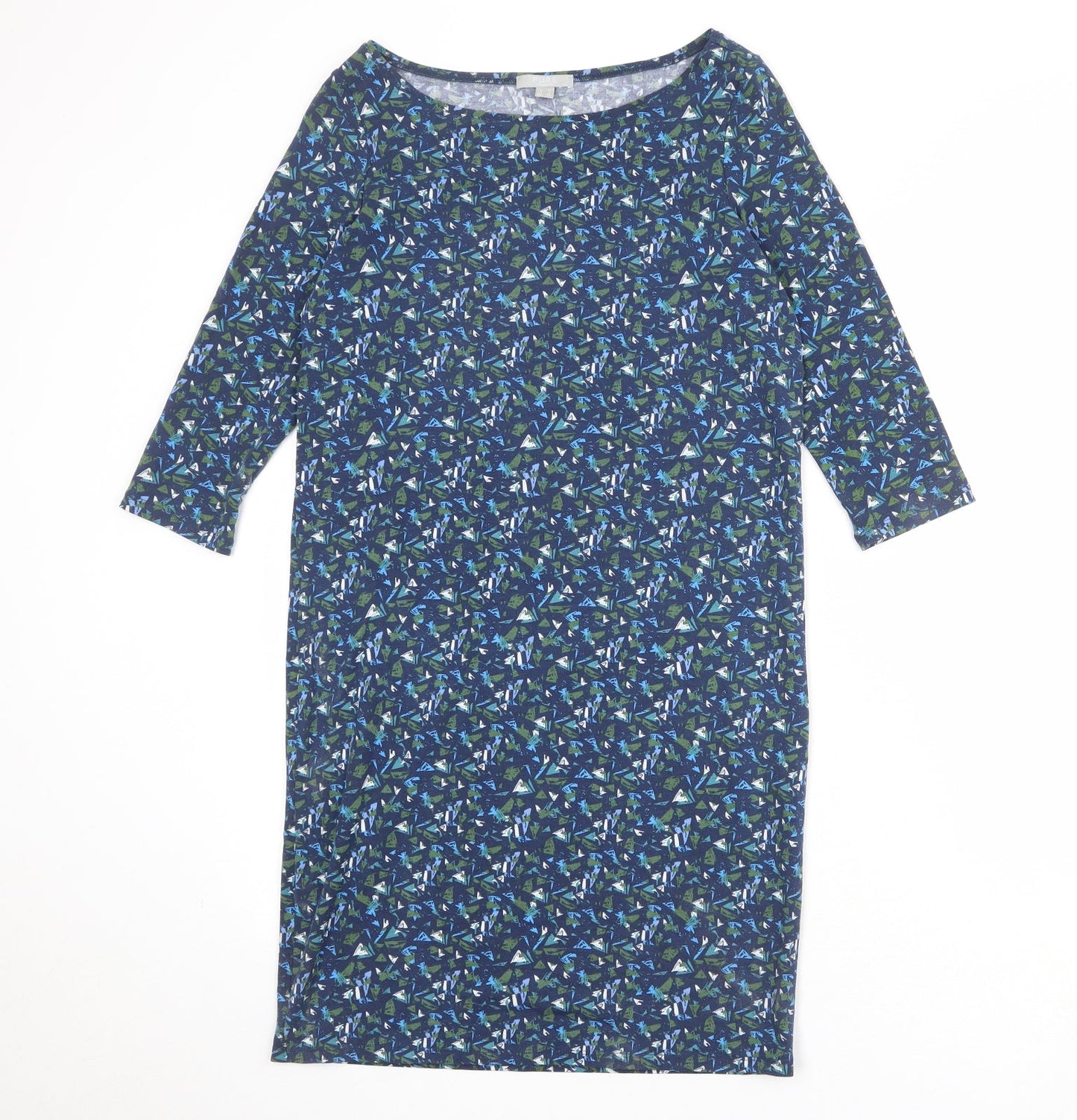Pure Womens Blue Geometric Polyester A-Line Size 12 Boat Neck Pullover