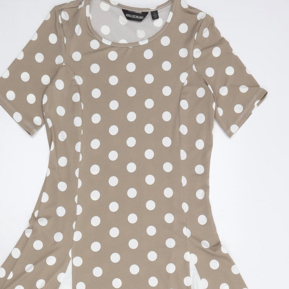 Nina Leonard Womens Brown Polka Dot Polyester Trapeze & Swing Size XS Round Neck Pullover