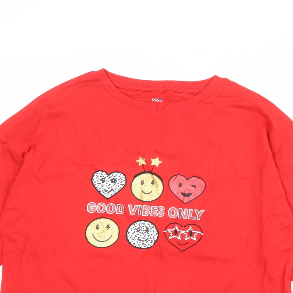 Marks and Spencer Girls Red 100% Cotton Pullover T-Shirt Size 13-14 Years Round Neck Pullover - Good Vibes Only