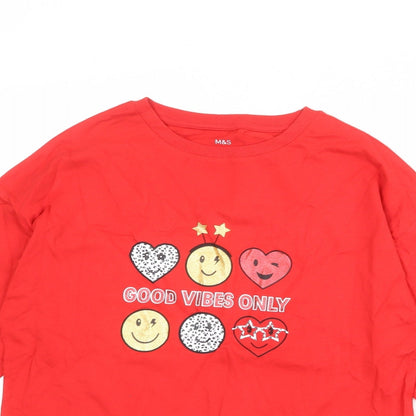 Marks and Spencer Girls Red 100% Cotton Pullover T-Shirt Size 13-14 Years Round Neck Pullover - Good Vibes Only