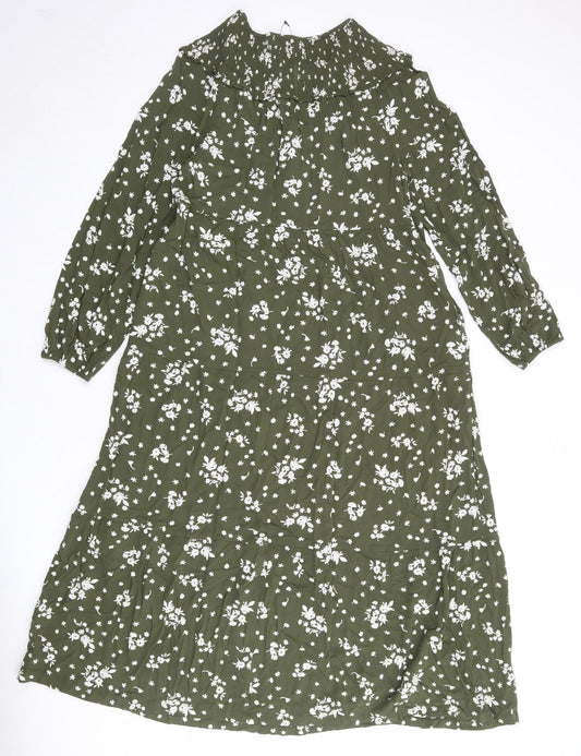 Marks and Spencer Womens Green Floral Viscose Maxi Size 12 Round Neck Tie