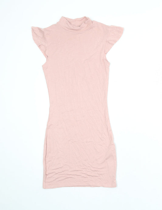 PRETTYLITTLETHING Womens Pink Viscose Bodycon Size 8 Mock Neck Pullover