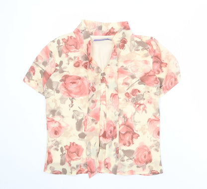 Autonomy Womens Beige Floral Polyester Basic Blouse Size 12 Round Neck - Tie Neck Detail