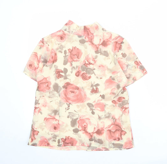 Autonomy Womens Beige Floral Polyester Basic Blouse Size 12 Round Neck - Tie Neck Detail