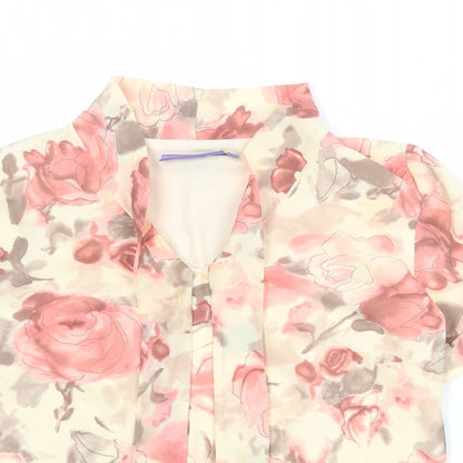 Autonomy Womens Beige Floral Polyester Basic Blouse Size 12 Round Neck - Tie Neck Detail