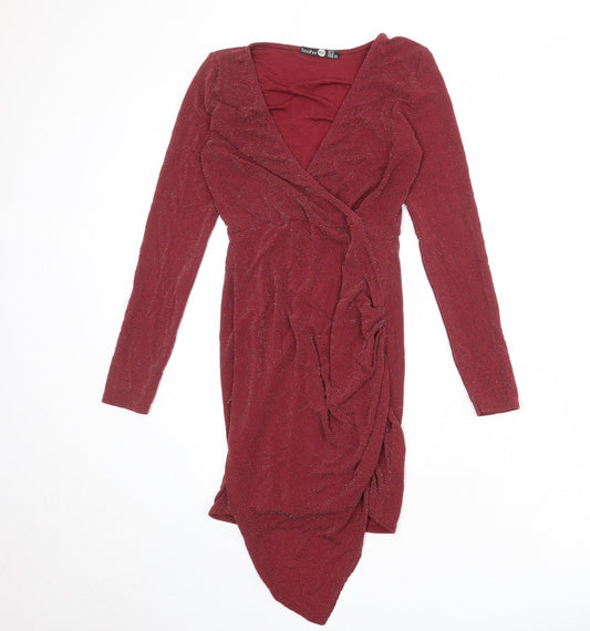 Boohoo Womens Red Nylon A-Line Size 10 V-Neck Pullover