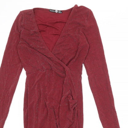 Boohoo Womens Red Nylon A-Line Size 10 V-Neck Pullover