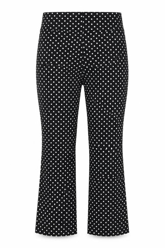 Front view of ASOS women’s black polka dot cotton trousers, size XS, regular hook & eye