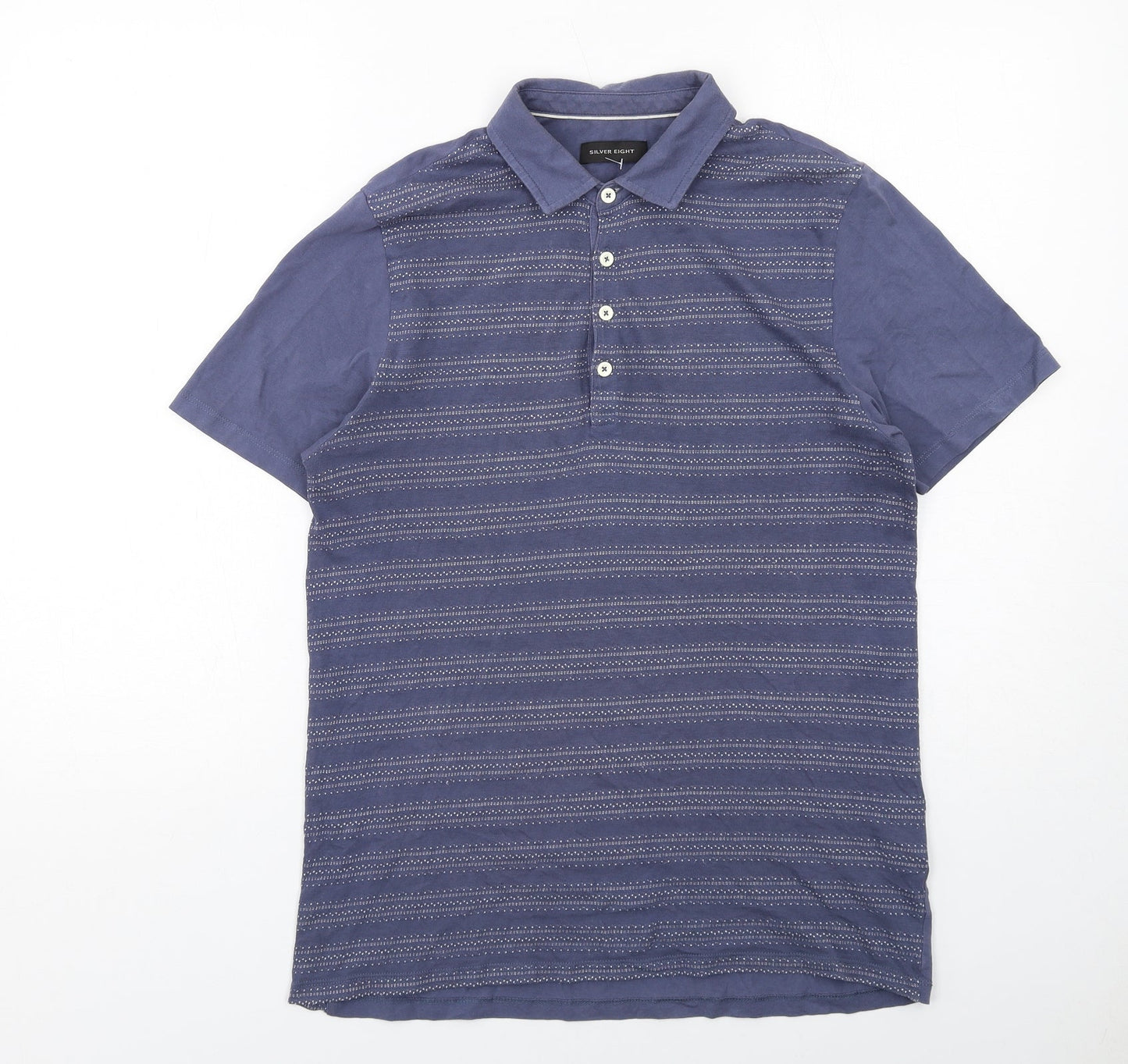 Silver Eight Mens Blue Striped Cotton Polo Size S Collared Button