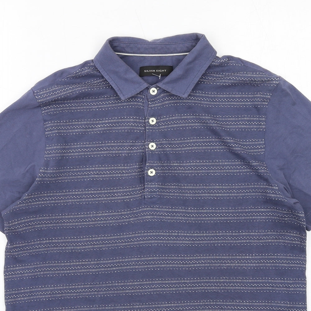 Silver Eight Mens Blue Striped Cotton Polo Size S Collared Button