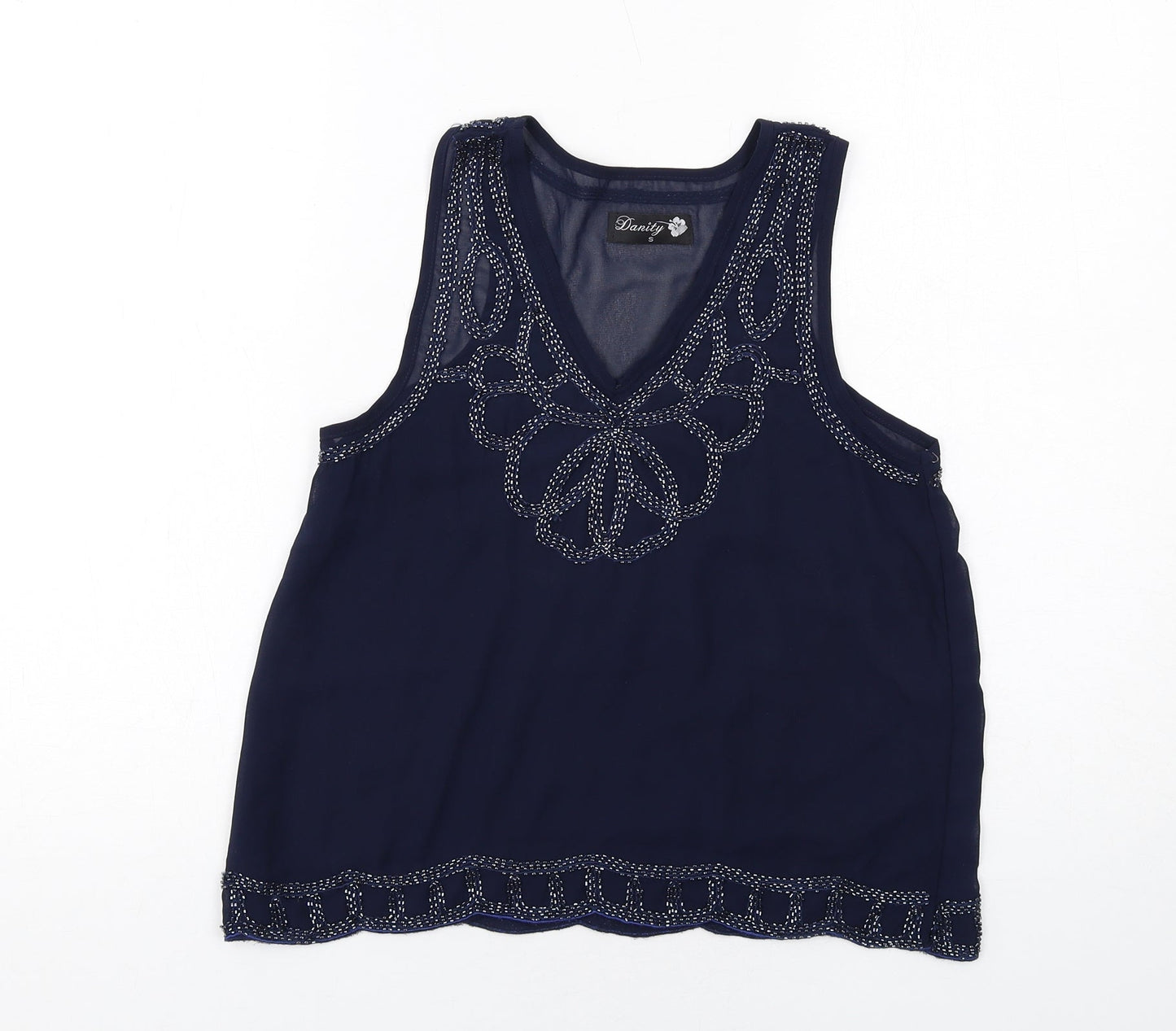Dainty Womens Blue Polyester Basic Tank Size S V-Neck