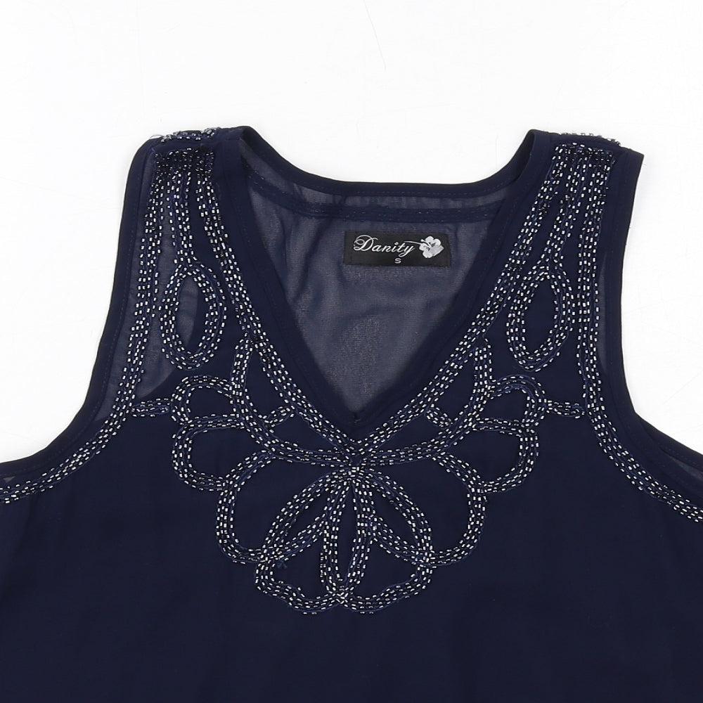 Dainty Womens Blue Polyester Basic Tank Size S V-Neck