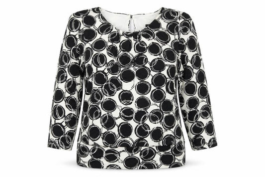 Front view of Roman women’s black geometric viscose basic blouse, size UK 10, round neck