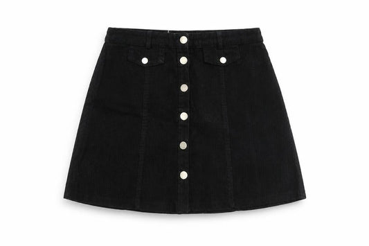 Front view of Cooperative women’s black cotton a-line skirt, size S, button