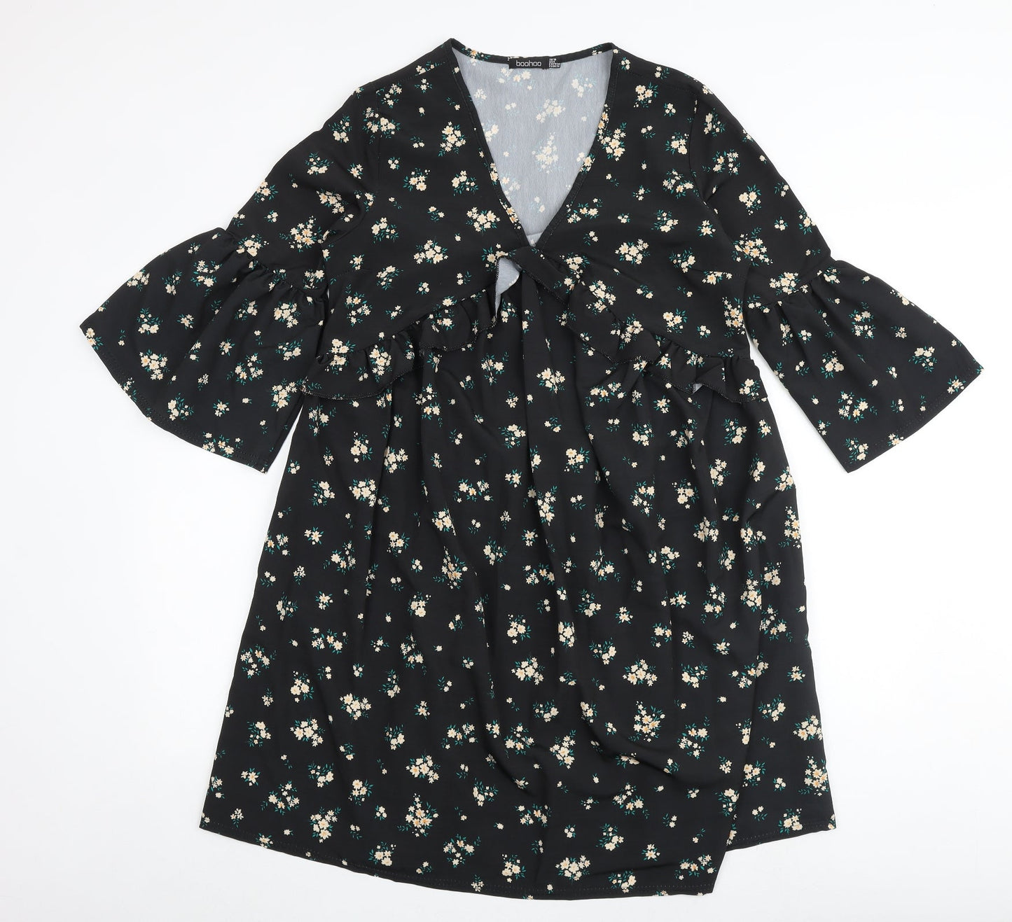 Boohoo Womens Black Floral Polyester A-Line Size 10 V-Neck - Flute Sleeve