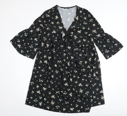 Boohoo Womens Black Floral Polyester A-Line Size 10 V-Neck - Flute Sleeve