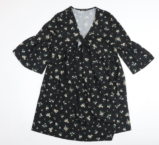 Boohoo Womens Black Floral Polyester A-Line Size 10 V-Neck - Flute Sleeve