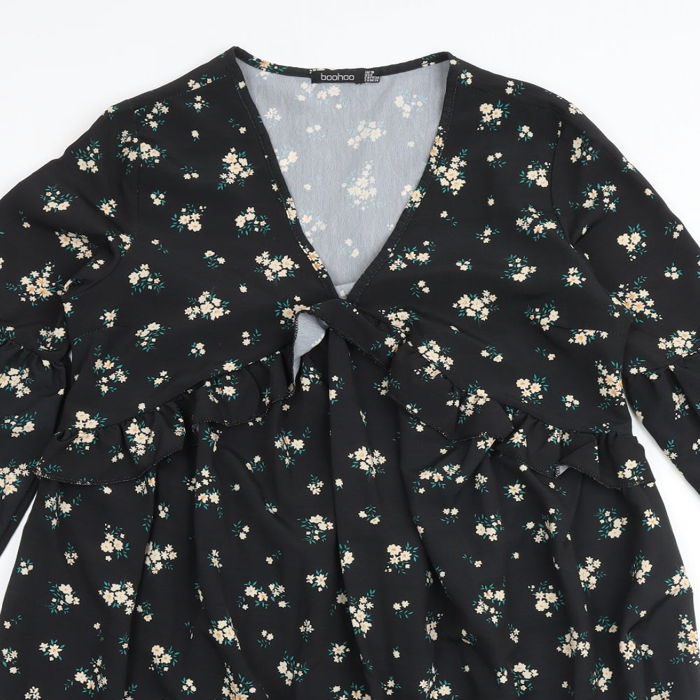 Boohoo Womens Black Floral Polyester A-Line Size 10 V-Neck - Flute Sleeve