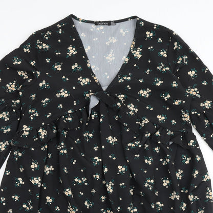 Boohoo Womens Black Floral Polyester A-Line Size 10 V-Neck - Flute Sleeve