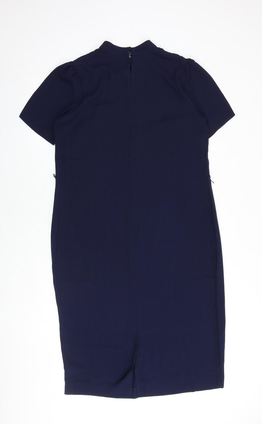 Very Womens Blue Polyester Pencil Dress Size 14 Mock Neck Button