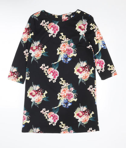 H&M Womens Black Floral Cotton Shift Size S Boat Neck Zip
