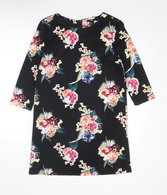 H&M Womens Black Floral Cotton Shift Size S Boat Neck Zip