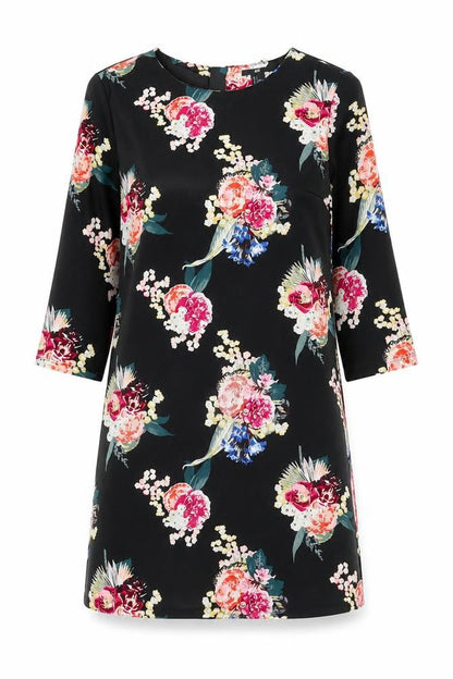 H&M Womens Black Floral Cotton Shift Size S Boat Neck Zip