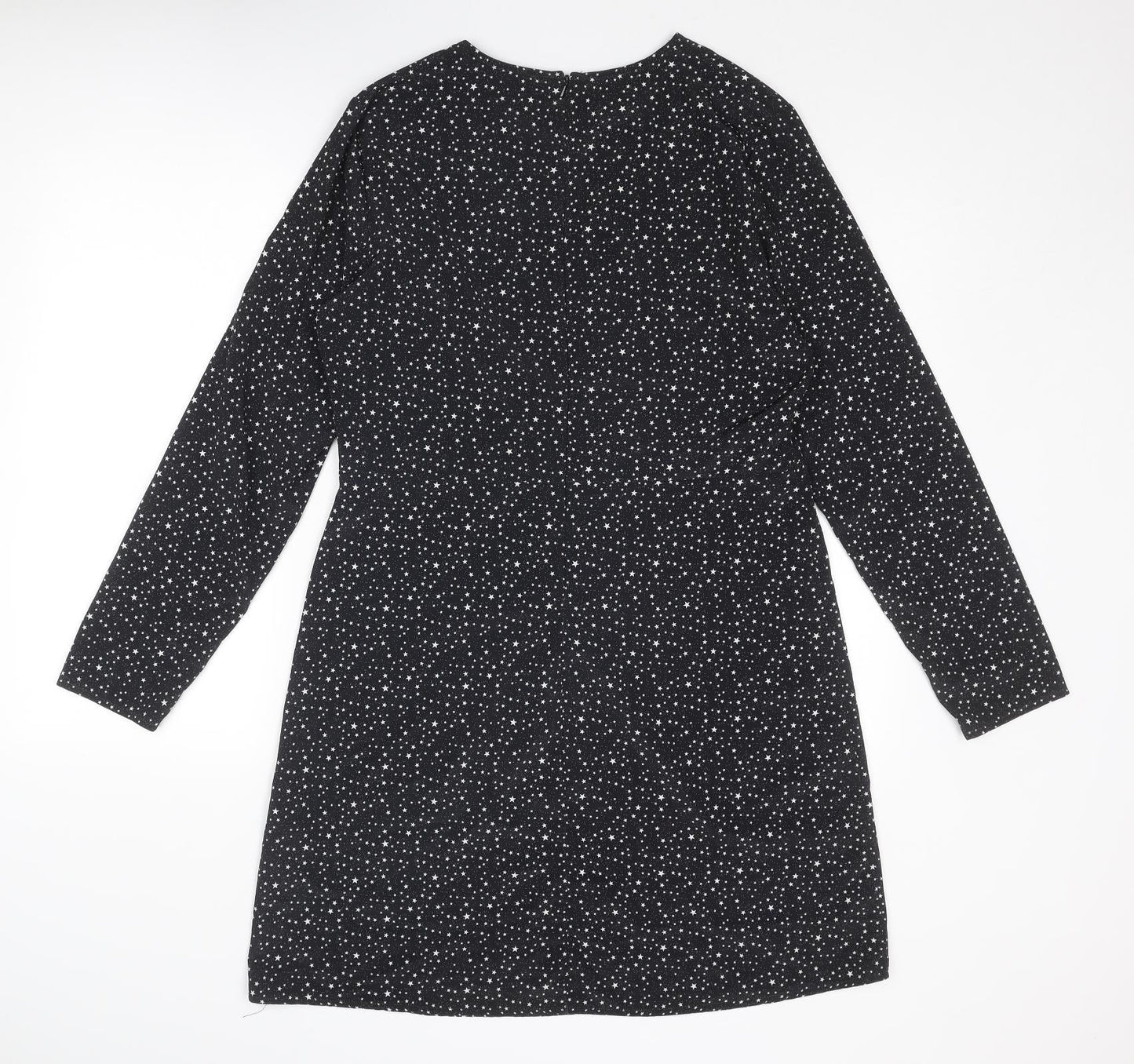 NEXT Womens Black Geometric Polyester T-Shirt Dress Size 12 Round Neck Zip - Star Print