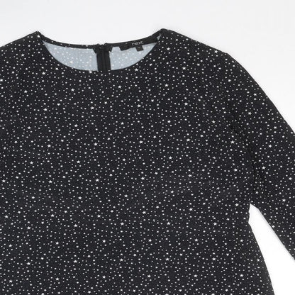 NEXT Womens Black Geometric Polyester T-Shirt Dress Size 12 Round Neck Zip - Star Print