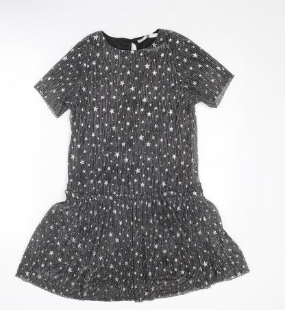 Very Girls Silver Geometric Polyester Shift Size 13 Years Boat Neck Button - Star Print