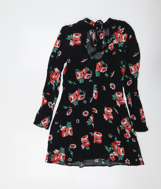 ASOS Womens Black Floral Viscose A-Line Size 8 Round Neck Zip