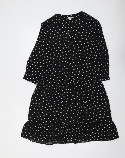 Monsoon Womens Black Polka Dot Polyester A-Line Size S Round Neck Button