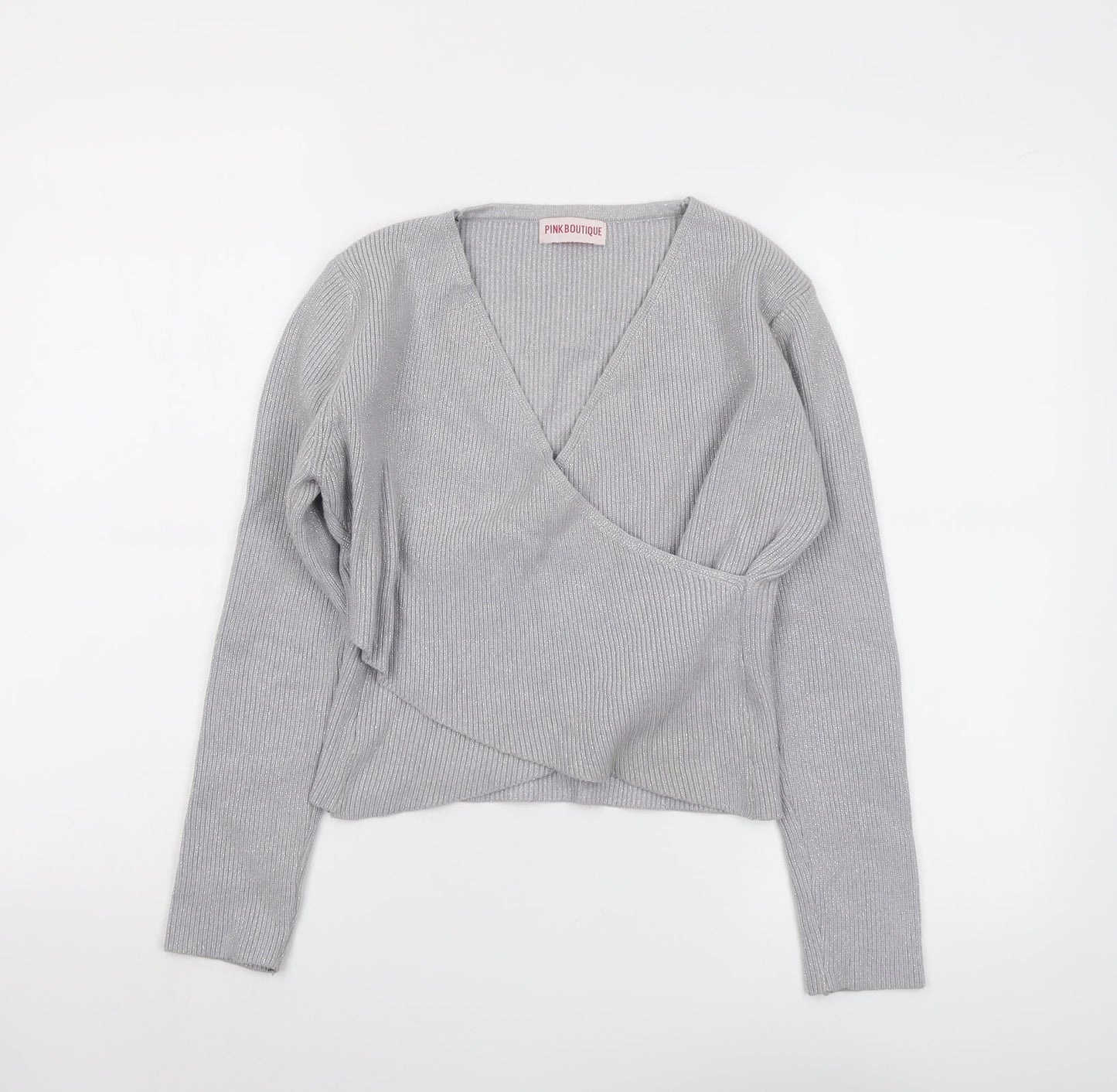 Pink Boutique Womens Grey V-Neck Acrylic Pullover Jumper Size M