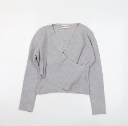 Pink Boutique Womens Grey V-Neck Acrylic Pullover Jumper Size M