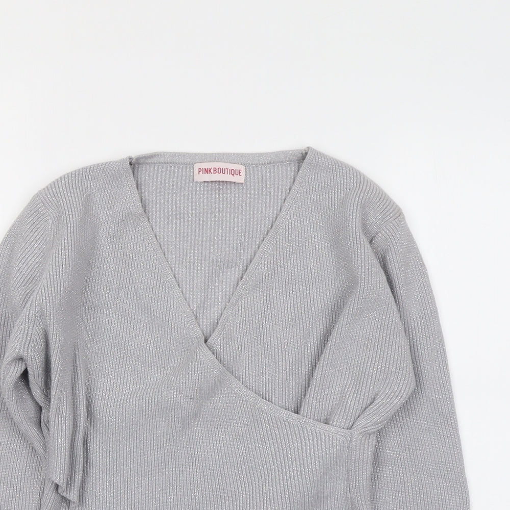Pink Boutique Womens Grey V-Neck Acrylic Pullover Jumper Size M