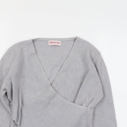 Pink Boutique Womens Grey V-Neck Acrylic Pullover Jumper Size M