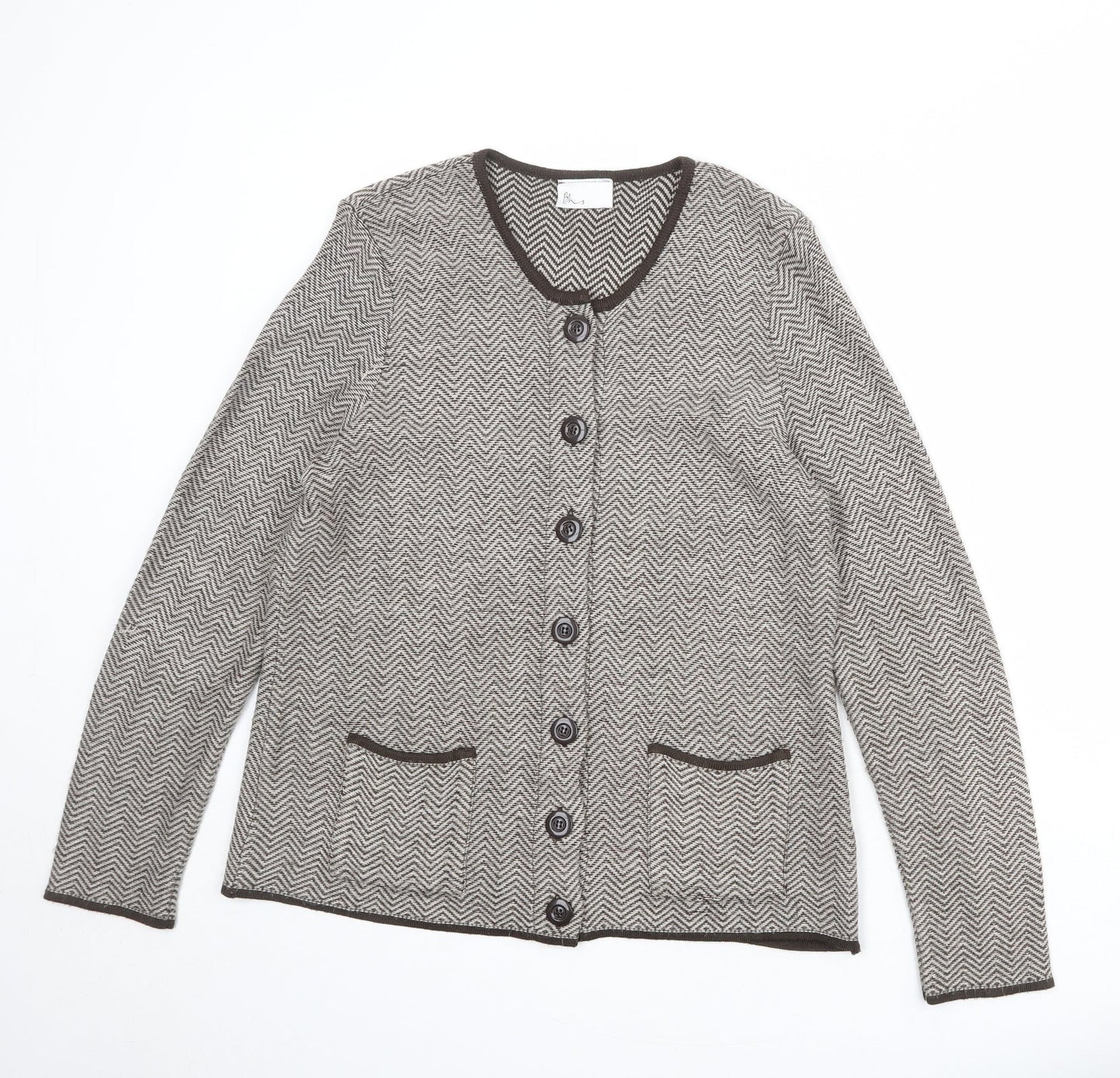 BHS Womens Beige Round Neck Geometric Acrylic Cardigan Jumper Size 16