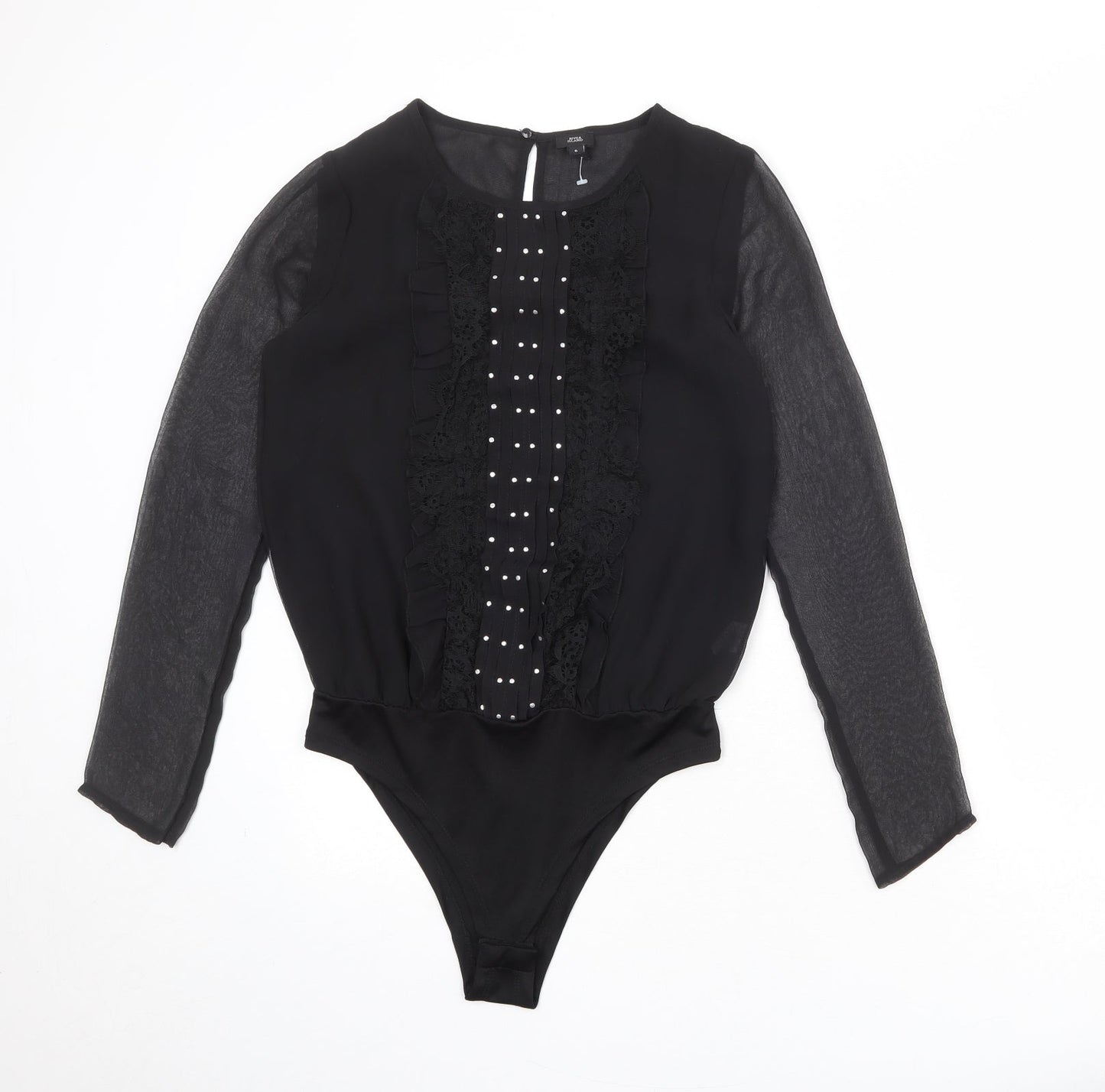 River Island Womens Black Polyester Bodysuit One-Piece Size 6 Snap - Mesh Sleeve