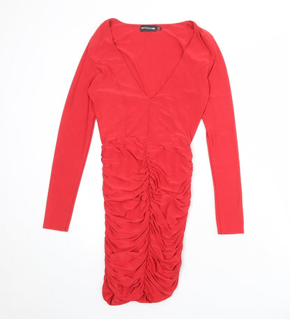 PRETTYLITTLETHING Womens Red Polyester Bodycon Size 8 V-Neck Pullover