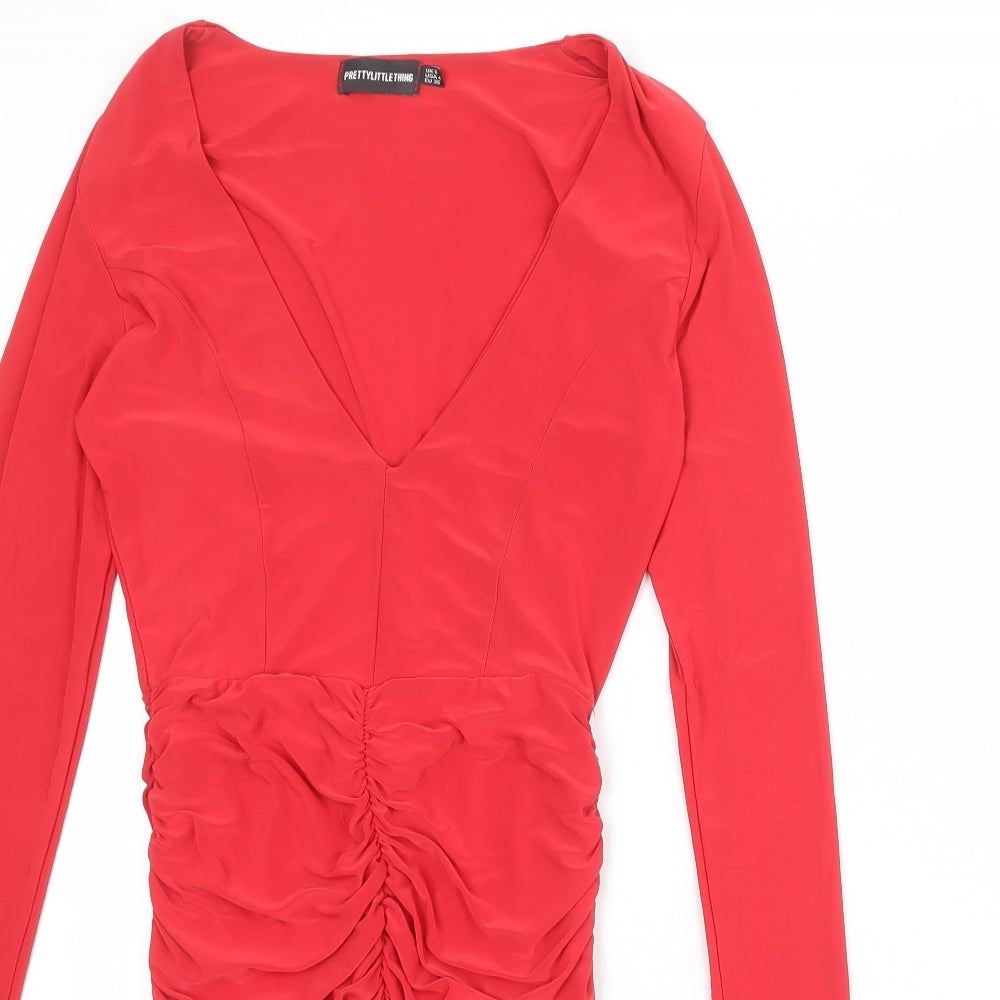 PRETTYLITTLETHING Womens Red Polyester Bodycon Size 8 V-Neck Pullover