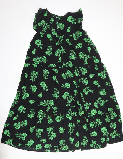 ASOS Womens Black Floral Polyester A-Line Size 12 Round Neck Button