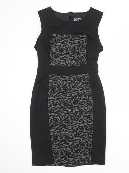 NEXT Womens Black Geometric Polyester Shift Size 8 Round Neck Zip