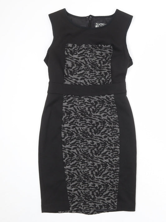 NEXT Womens Black Geometric Polyester Shift Size 8 Round Neck Zip